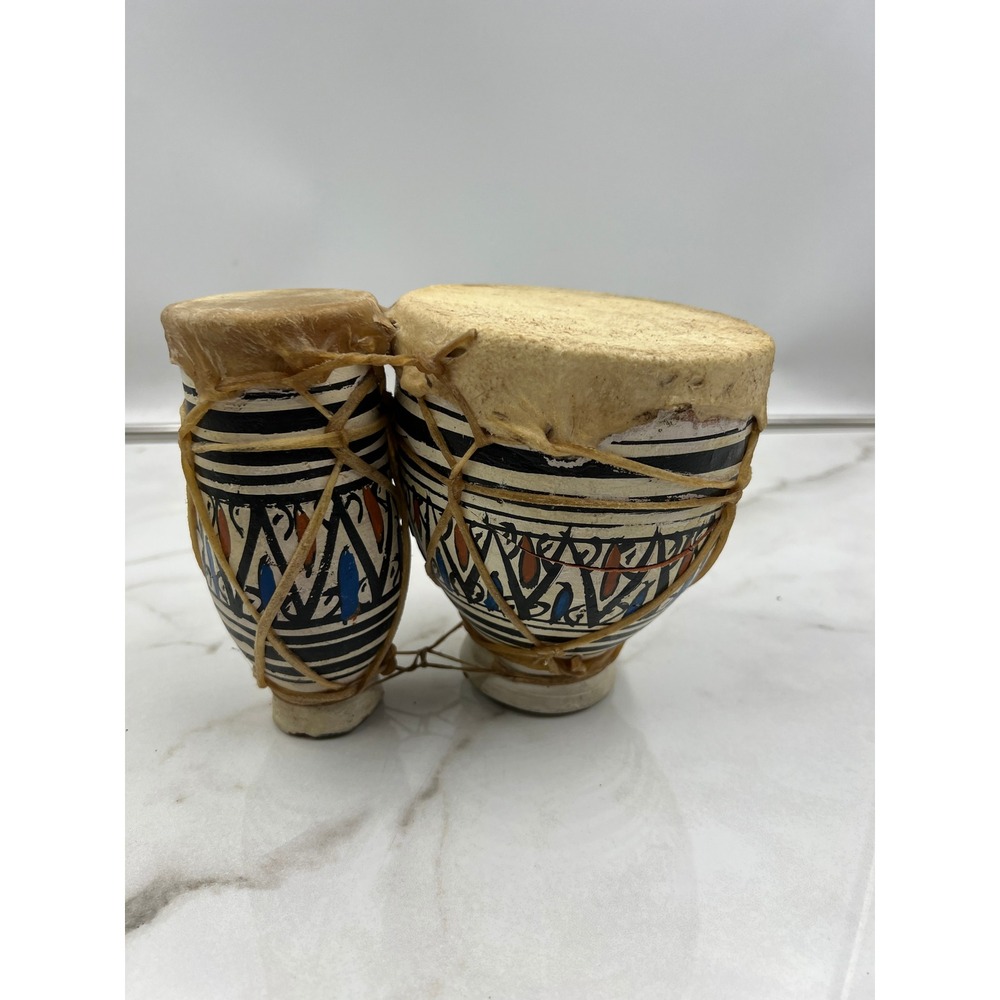 Vintage Moroccan Ceramic Bongo Drums Hand Painted Clay Folk Art Decorative AS IS